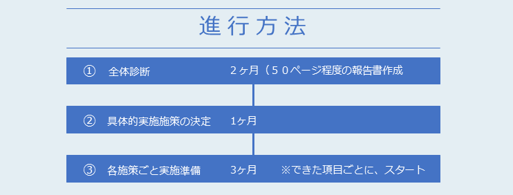 コンサルティングの進行は、1.全体診断(2ヶ月)、2.具体的実施施策の決定(1ヶ月)、3.各施策ごとの実施準備(3ヶ月)※できた項目ごとにスタート、という流れで進めます。